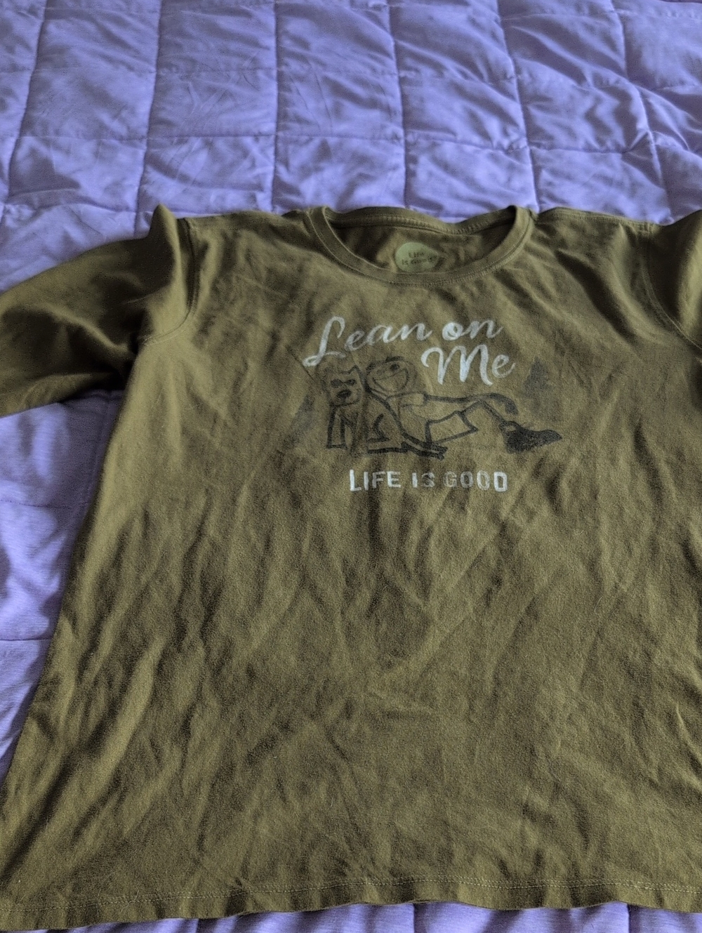 Life Is Good Olive Green Women's Long Sleeve Tee with 'Lean on Me' Graphic